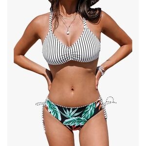 NEW Cupshe Striped Tropical Reversible Bikini Set Strappy Back Side Tie Size XS